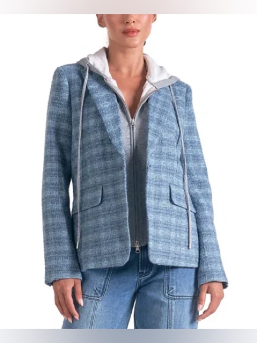 ELAN Plaid Long-sleeve Layered Blazer Hoodie In Blue Silver Plaid $160 MSRP